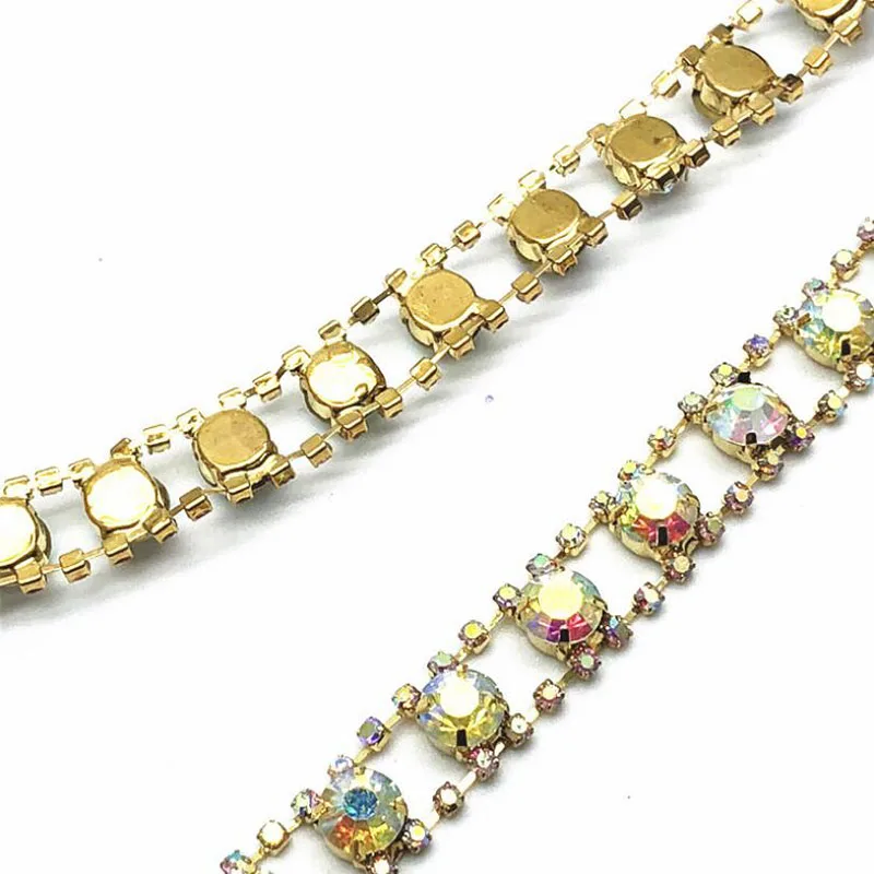 10Yards AB Rhinestone Trimming Cup Chain Crystal Trim For Dresses Decoration Gold Plating