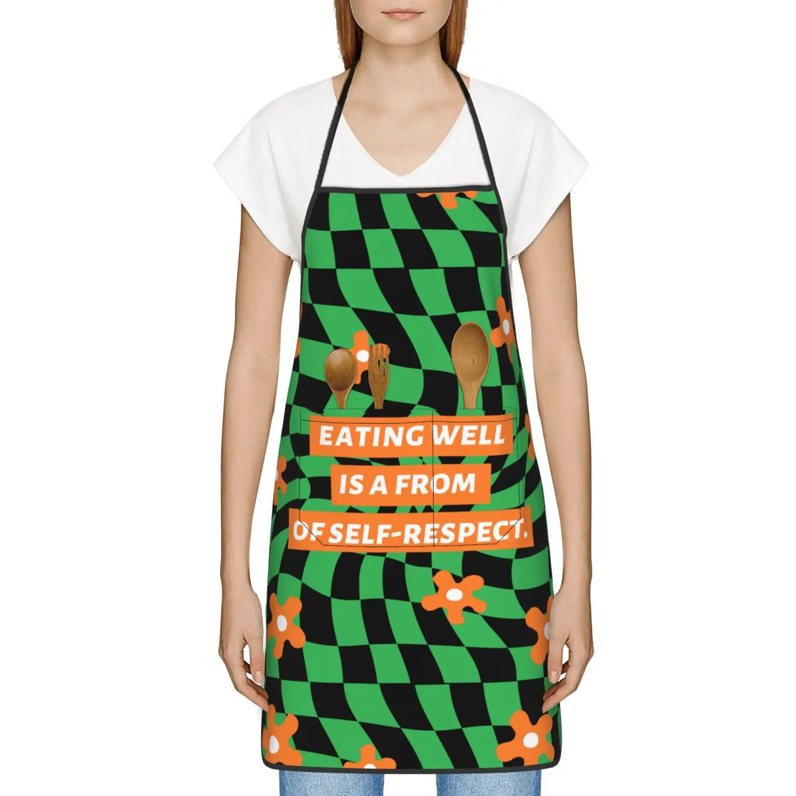 EATING WELL IS A FROM OF SELF-RESPECT Apron Chef Cooking Baking Tablier Waterproof Bib Kitchen Cleaning Pinafore for Women Men