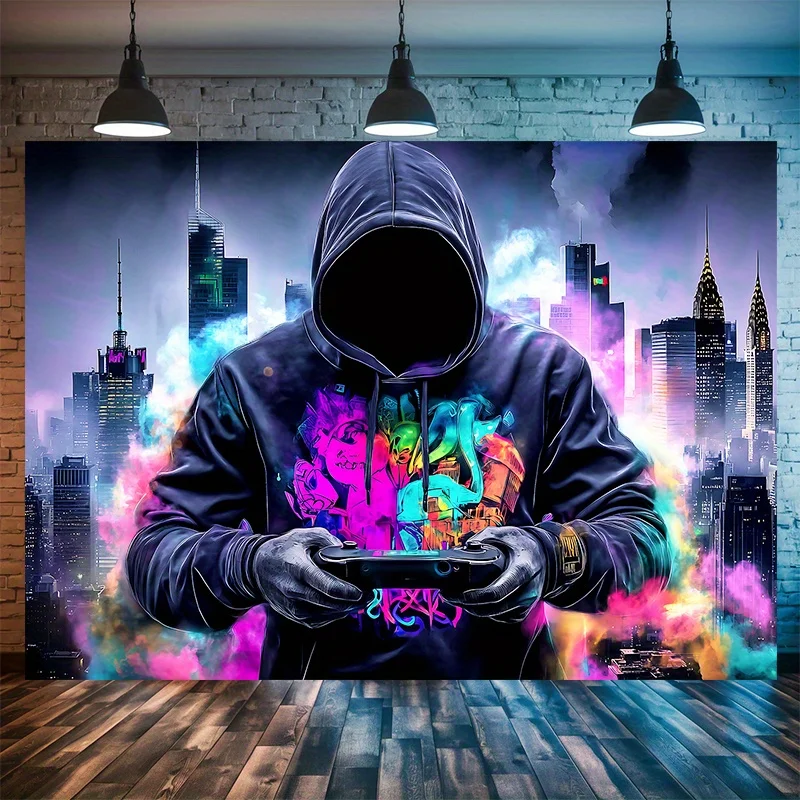 VIKAMA Cool Esports Neon Tapisserie Game Controller City Skyline Hintergrund Wohnzimmer Dekoration Hintergrund Wand