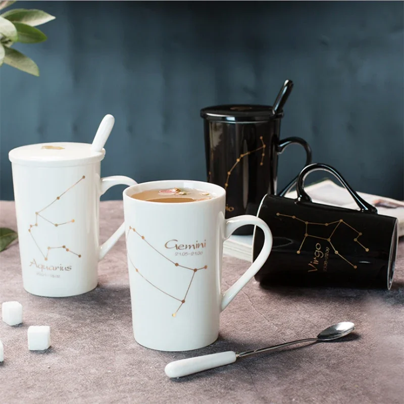 Ceramic Mugs 12 Constellations Creative Glass with Spoon Lid Black and Gold Porcelain Zodiac Milk Coffee Cup Drinkware