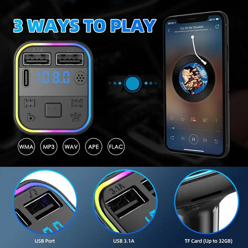 Car Bluetooth 5.0 FM Transmitter Type-C Dual USB 3.1A Light Ambient Charger Player MP3 Colorful Handsfree Fast Modulator P2M0