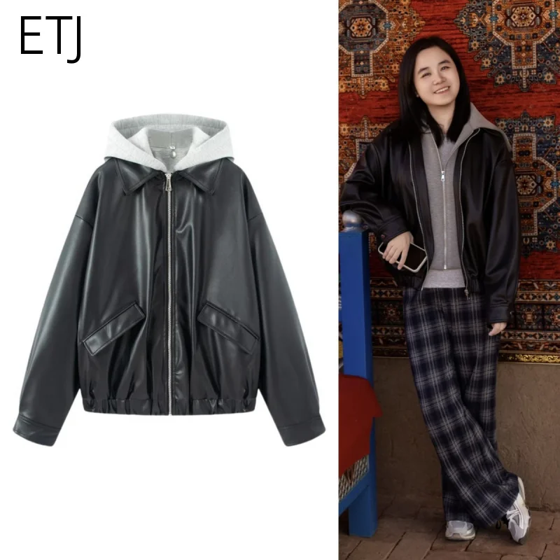 

ETJ 2025 women's new fashion removable cap collar loose version faux leather lapel jacket casual leather coat