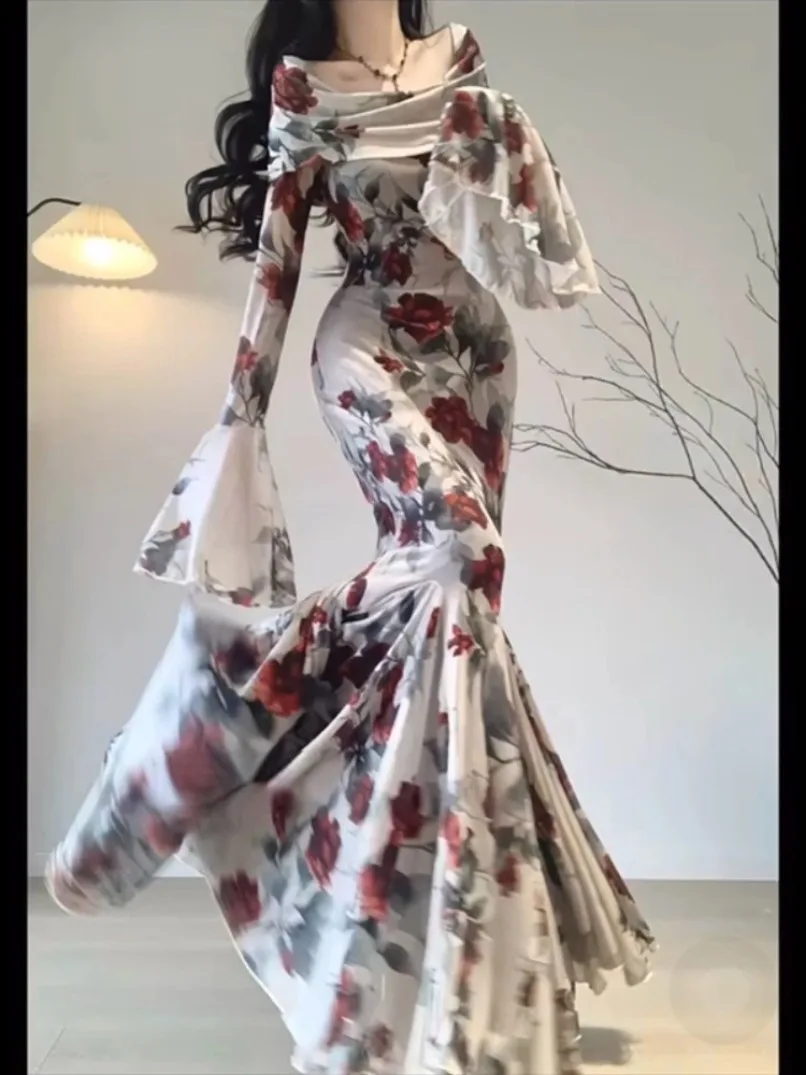 Elegant Vintage Rose Print Dress for Women 2024 Y2k Sexy Slim Waist Bodycon Dresses Summer New Long Sleeve Vestidos Mujer
