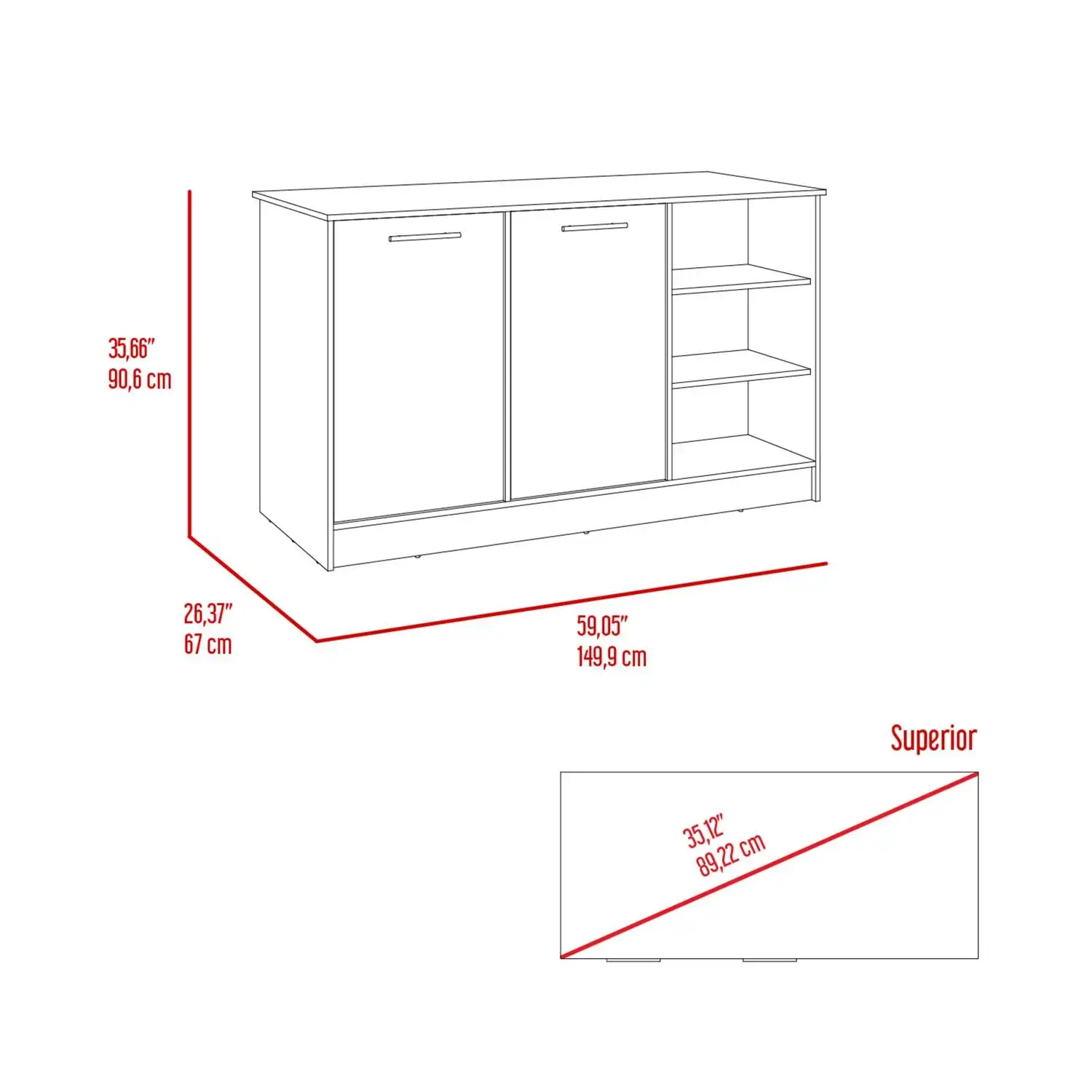 Ginger Kitchen Island, Three Open Shelves, Two Cabinets White / Dark Brown