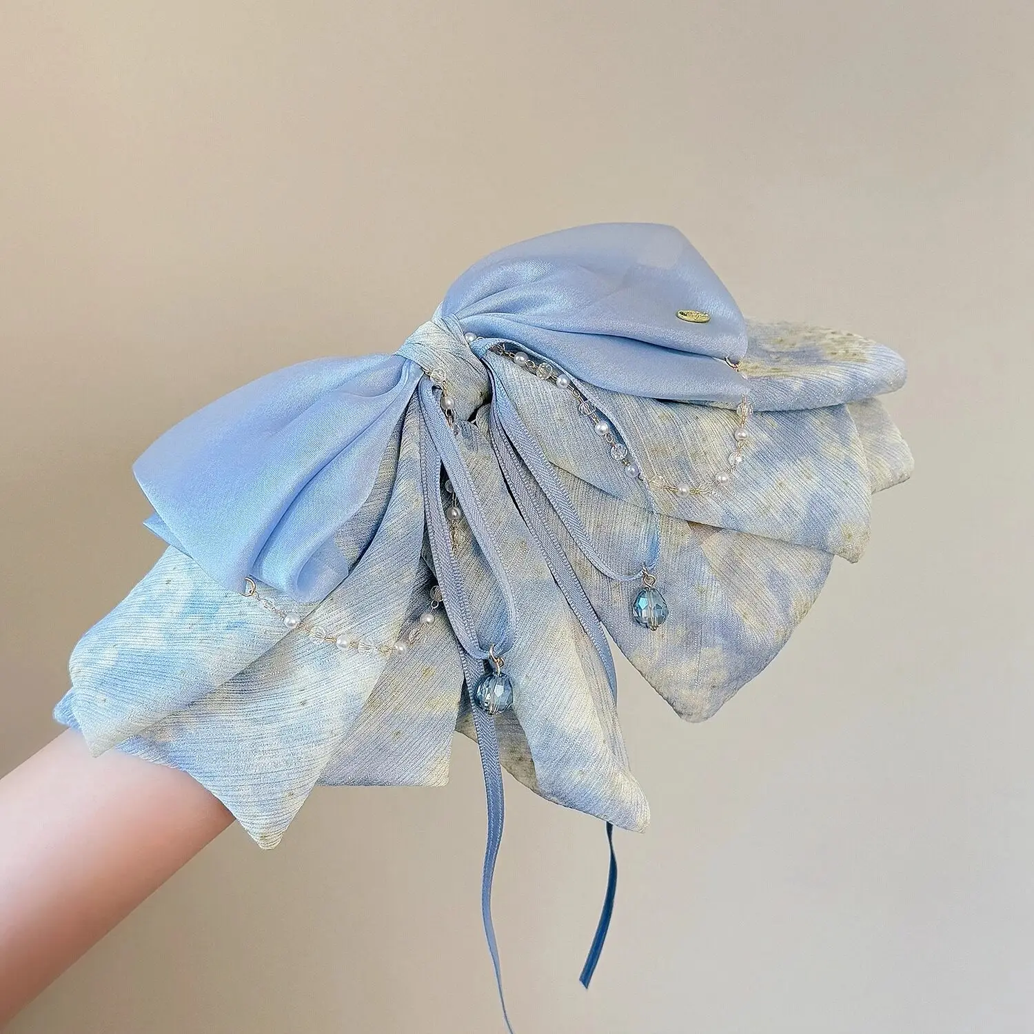 Light Blue Bow Hairpin for Women, Large Ribbon Hair Accessory, Gentle and Ethereal Fabric Flower-Shaped Hair Clip, Faux Pearl Chain Tassel, Transparent Water Drop Pendant, Satin Glossy Hairpin, Elegant and Romantic Style, Suitable for Updos, Ponytails, Half-Tied Hairstyles, Back-Of-The-Head Decoration, Adult Women's Daily Commute, Date, Party, Wedding, Banquet, Photo Shoot, Dress Matching, Light and Layered Blue-Toned Hair Accessories, French Retro Sweet Style, Hair Styling Accessories, Suitable for Long and Medium Hair, Exquisite and Versatile New Hair Accessory