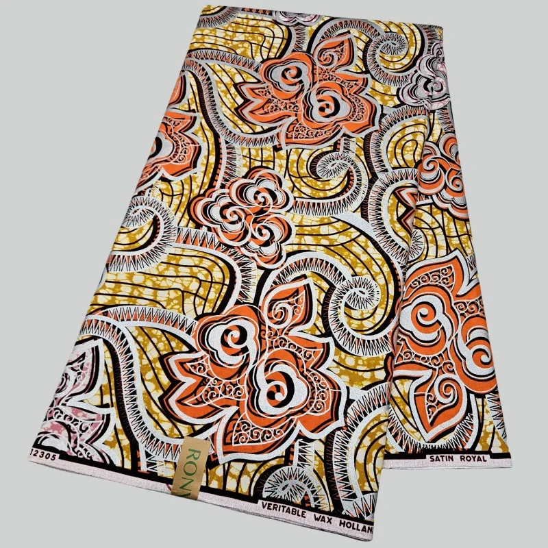 Orange African Cotton Waxed Fabric for DIY Sewing Printed Yellow Clothes Pants Cushion Covers Dress 46''Wide 6Yards Long FR2291