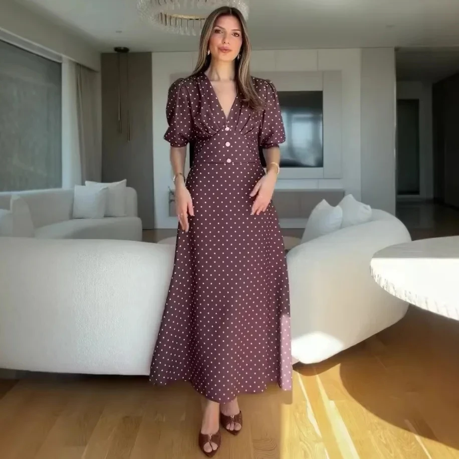 

2026 Spring New Fashion Elegant Vintage Polka Dot Waist Cinched Deep V Neck Tea Dress Women