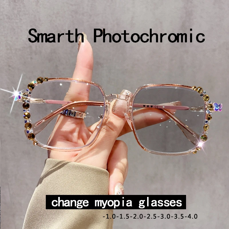 Lunettes de vue anti-lumière bleue à changement de couleur, bijoux en diamant, design haut de gamme, luxueux et robuste, modèle 2055-2
