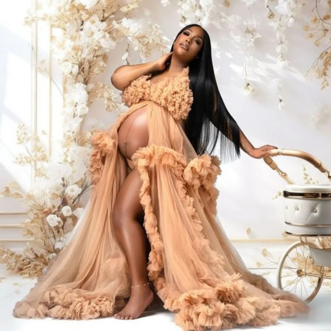 

Gold Prom Dresses Tulle Ruffles Maternity Dress Customized Layers vestido de novia Sleeveless Plus Size Photography Props