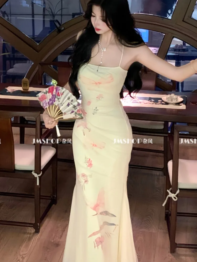

Elegant Sexy Bodycon Mermaid Dress Summer Fashion Mesh Strap Runway Party Robe Women France Vintage Floral Long Vestidos New