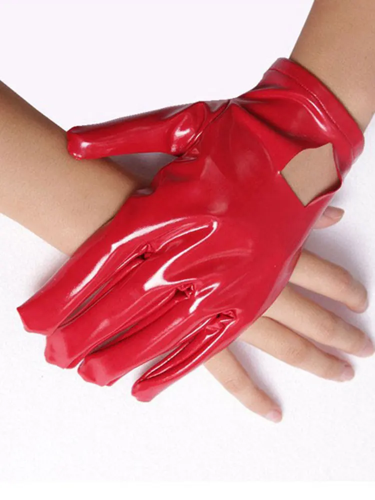 Guantes cortos de cuero de látex PU para mujer, traje de sirvienta calado Sexy, guantes de cinco dedos, Mini guantes brillantes de PVC para club nocturno