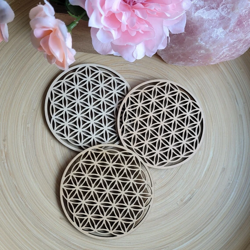 10pcs/lot 4‘’Flower of Life Natural Symbol Wood Round Edge Circles Carved Coaster For Stone Crystal Set DIY Decor Mats Pads