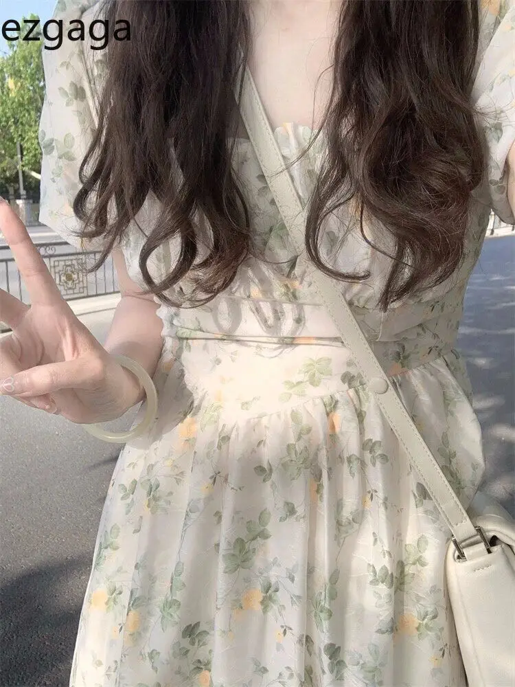 

Ezgaga Woman Dress Sweet Puff Short Sleeve Floral Printed Summer Fashion Vintage French Style Chic Elegant Dresses Casual Ladies
