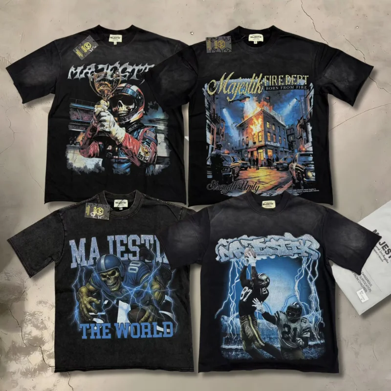 Vintage  Hip Hop MAJESTIK Tee Skeleton Logo Print T Shirts Rhinestone Loose Casual Cotton Women's Men's Clothing
