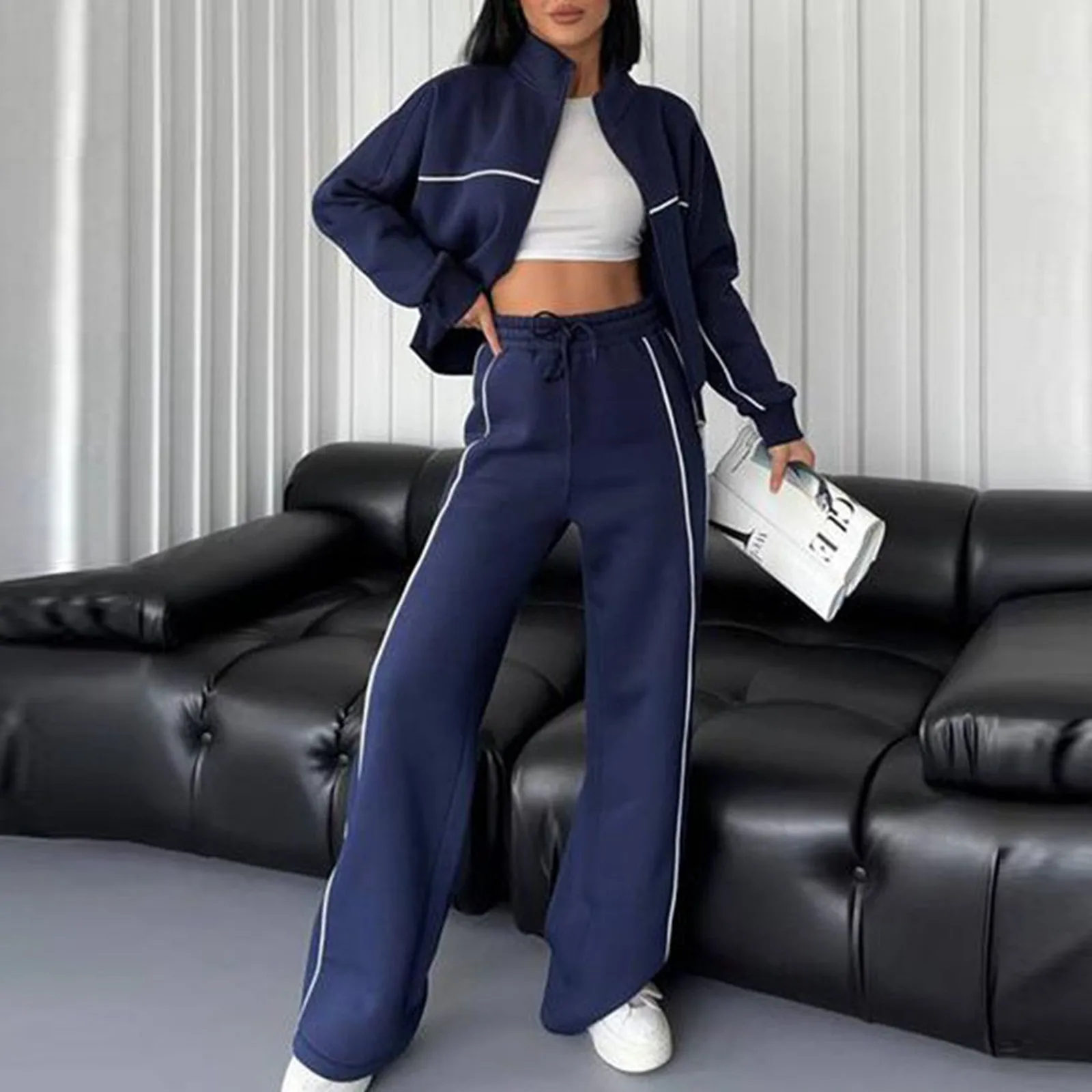 Longsleeved Sweatsuits For Women Solid Color Half High Collar Lace up Pants Sport Casual 2 Piece Set Autumn Jogging Suit