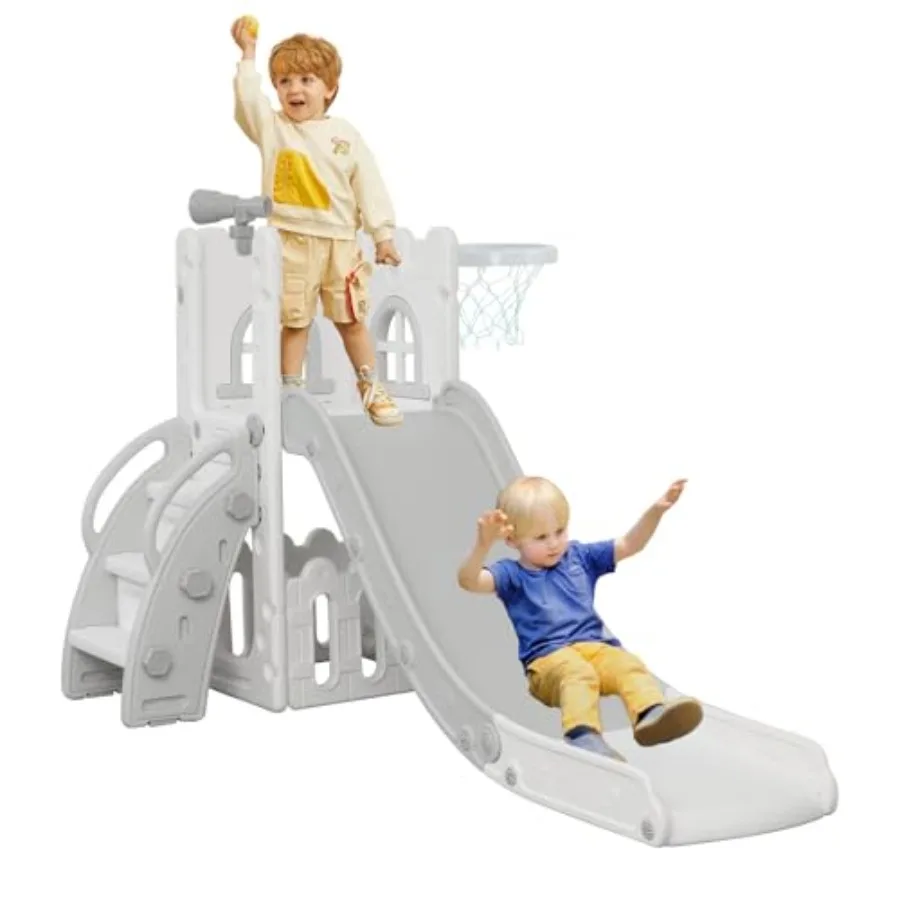 Tobogán 6 en 1 para Niños Pequeños, con Escalador, Canasta de Baloncesto, Almacenamiento y Telescopio, Tobogán en Forma de L para Interiores y Exteriores