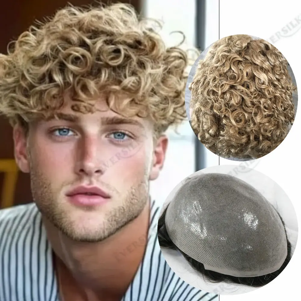 24 مللي متر مجعد 0.06 مللي متر كامل بولي PU الرجال الشعرية الاصطناعية الجلد الشعر المستعار الشعر البشري لنظام استبدال الشعر الرجل 22R شقراء رمادي أسود