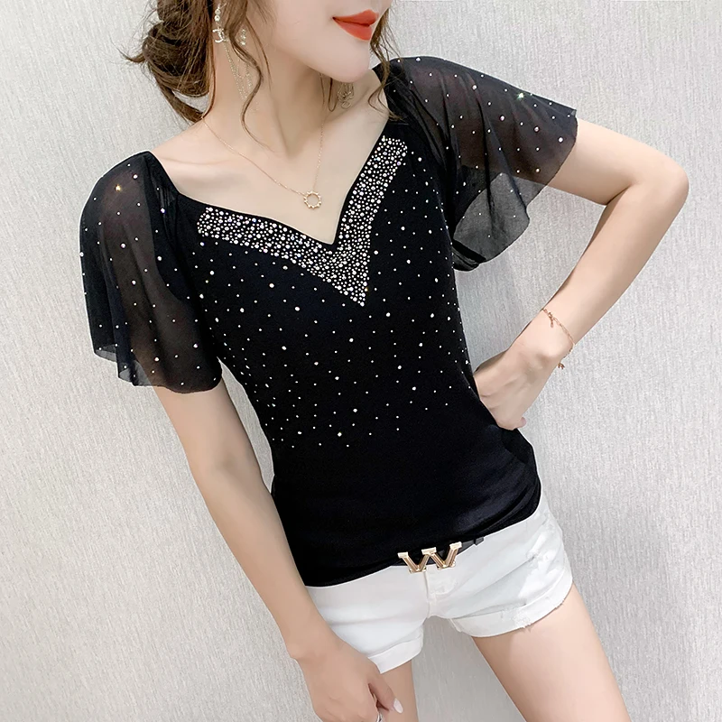Slim Fit V-Ne ort Sve T-irt Women's Faionable Me Patchwork Diamond Studded Summer Top Korean Sle Commute Wear