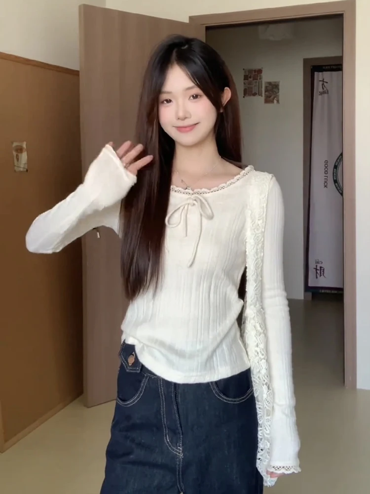 Pure Desire Lace Splice Long Sve T-irt Women's Base irt Slim Fit Sexy Girl High Sense Inner Wear Top  Knot