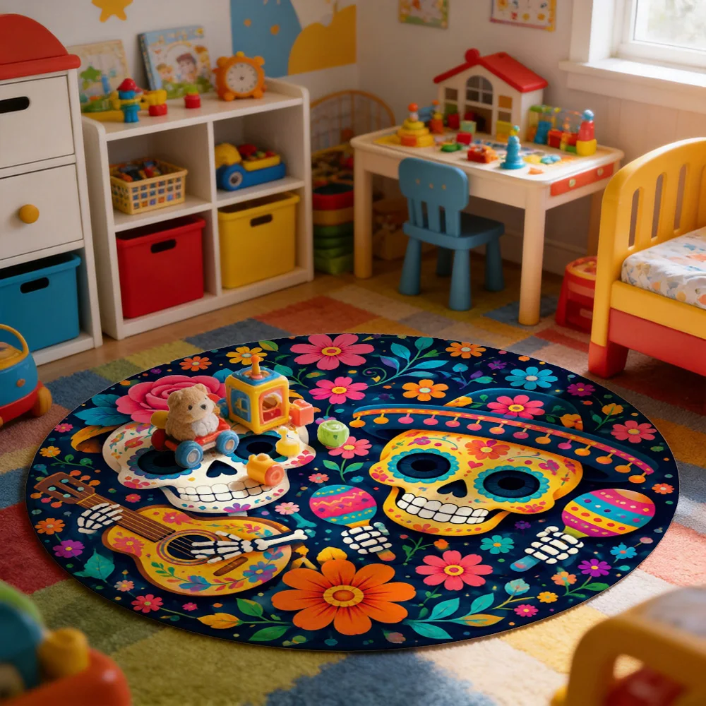 Vibrant Day of the Dead Sugar Skull Fiesta Area Rug Bohemian Mexican Culture Home Decor Mat