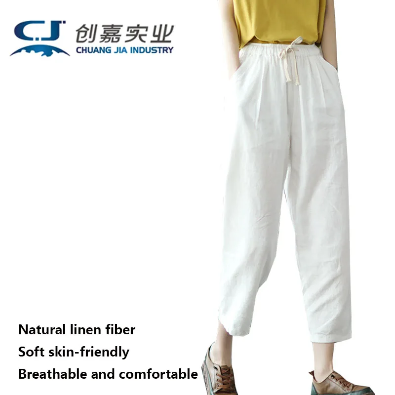 

Linen Spring and Summer Lady Nine-point Pants Elastic Waist Cotton Hemp Casual Sports Jogging Solid Color Radish Lantern Pants