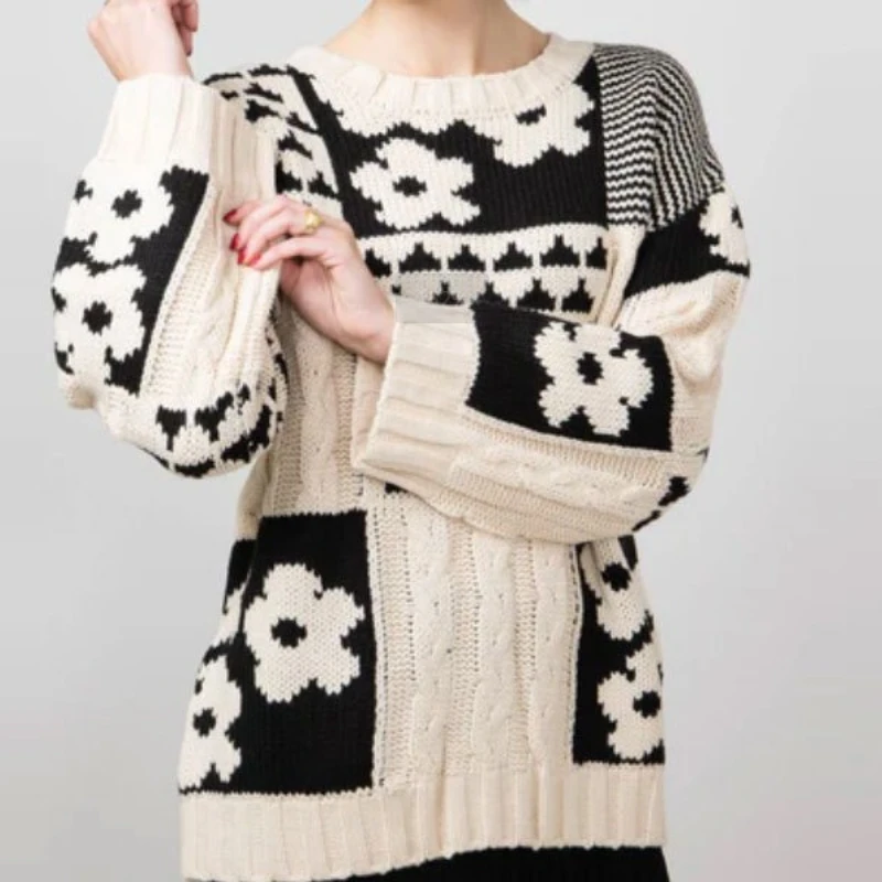

Autumn and Winter Sweater Square Flower Casual Loose Round Neck Pullover Women's Sweater