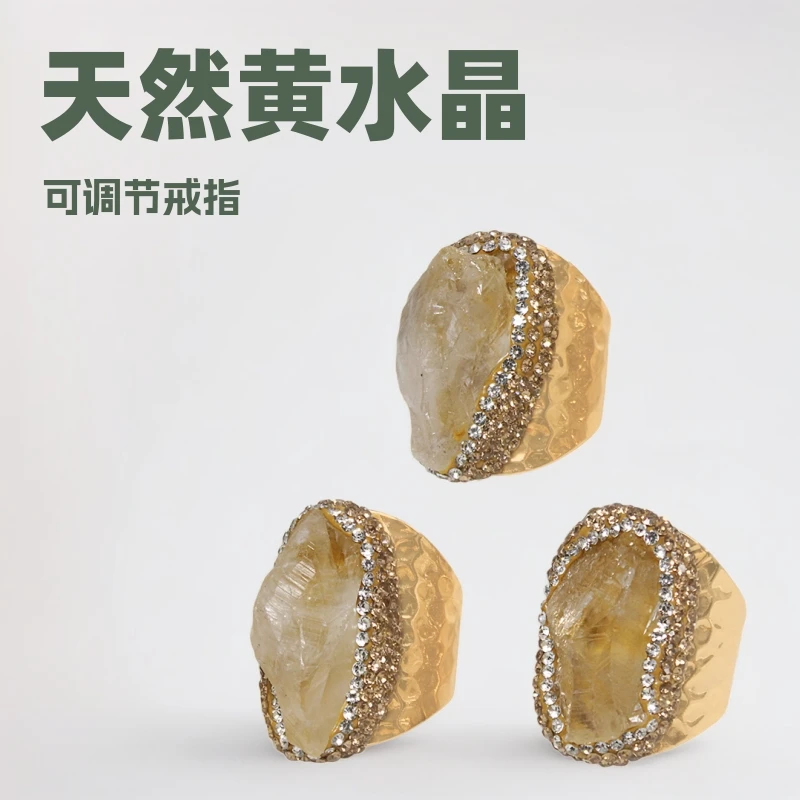 

Handmade genuine natural citrine rough stone inlaid ring, adjustable with shape citrine point crystal hemming inlay
