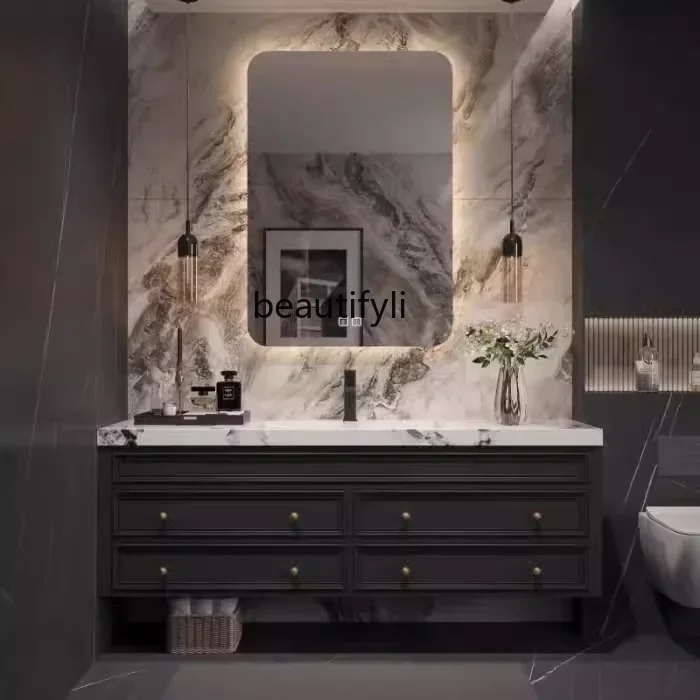 

American Light Luxury Bathroom Cabinet Combination Solid Wood Wash Basin Stone Plate French Washstand