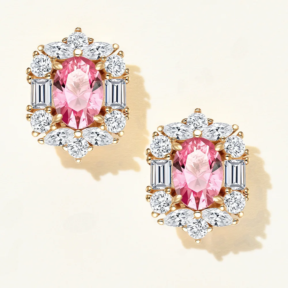 SONGYUN High Carbon Gemstones Jewelry Women Lab Grown Oval Cross Shaped Stud Earrings Pink Padparadscha Halo Earrings