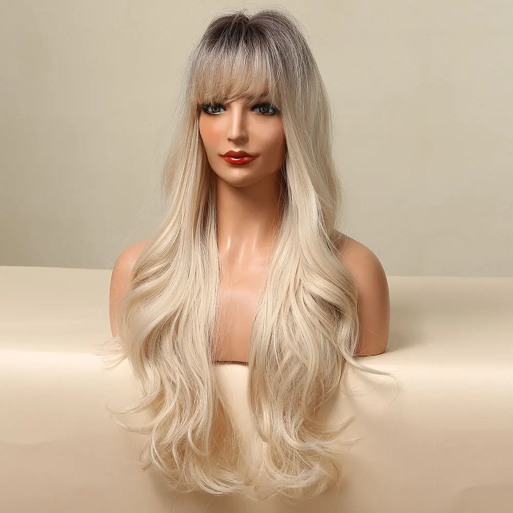 ALAN EATON Blonde Long Wavy Synthetic Wigs Ombre Hair Wig with Bangs Soft Natural Realistic Wig Heat Resistant Daily Fiber Wig