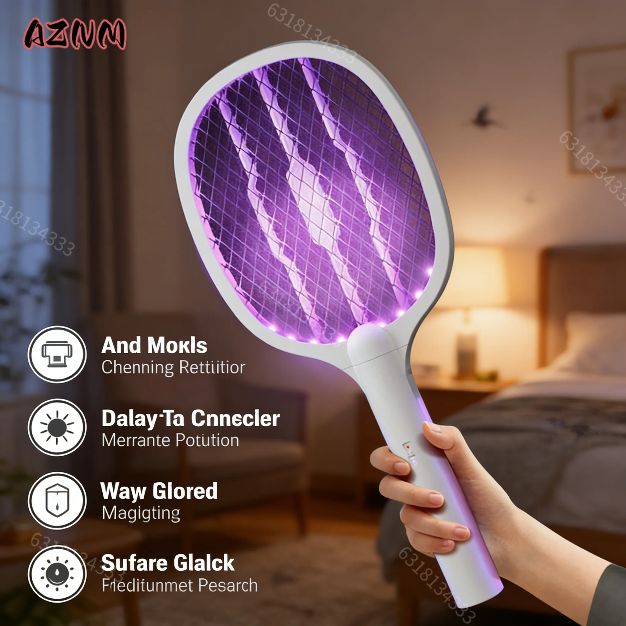 Raquette électrique anti-moustiques portative 3000V, tapette à mouches 2-en-1 avec lampe anti-moustiques rechargeable USB, contrôle des nuisibles