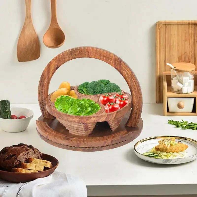 Collapsible Handmade Wood Foldable Fruit Apple Basket Folding Bamboo Fruit Bowl Trivet Picnic Basket For Fruits Vegetables