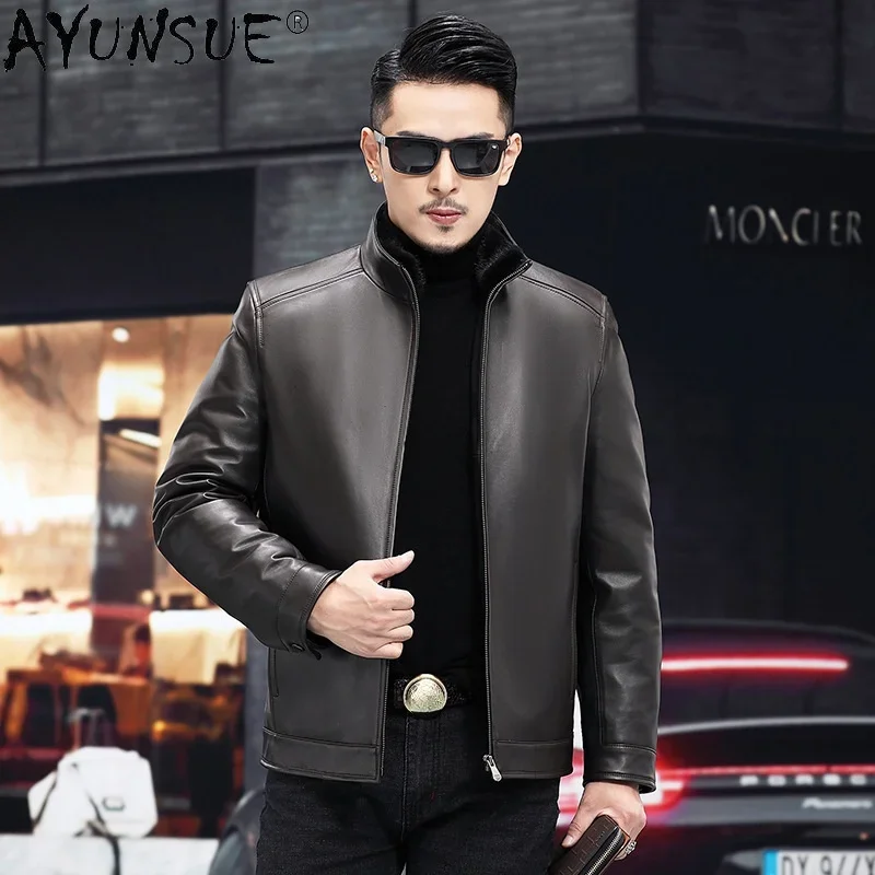 AYUNSUE 2021 New Winter Clothes Men Leather Jacket 100% Real Sheepskin Coat Mink Fur Collar Down Coats Chaqueta Cuero Hombre WPY