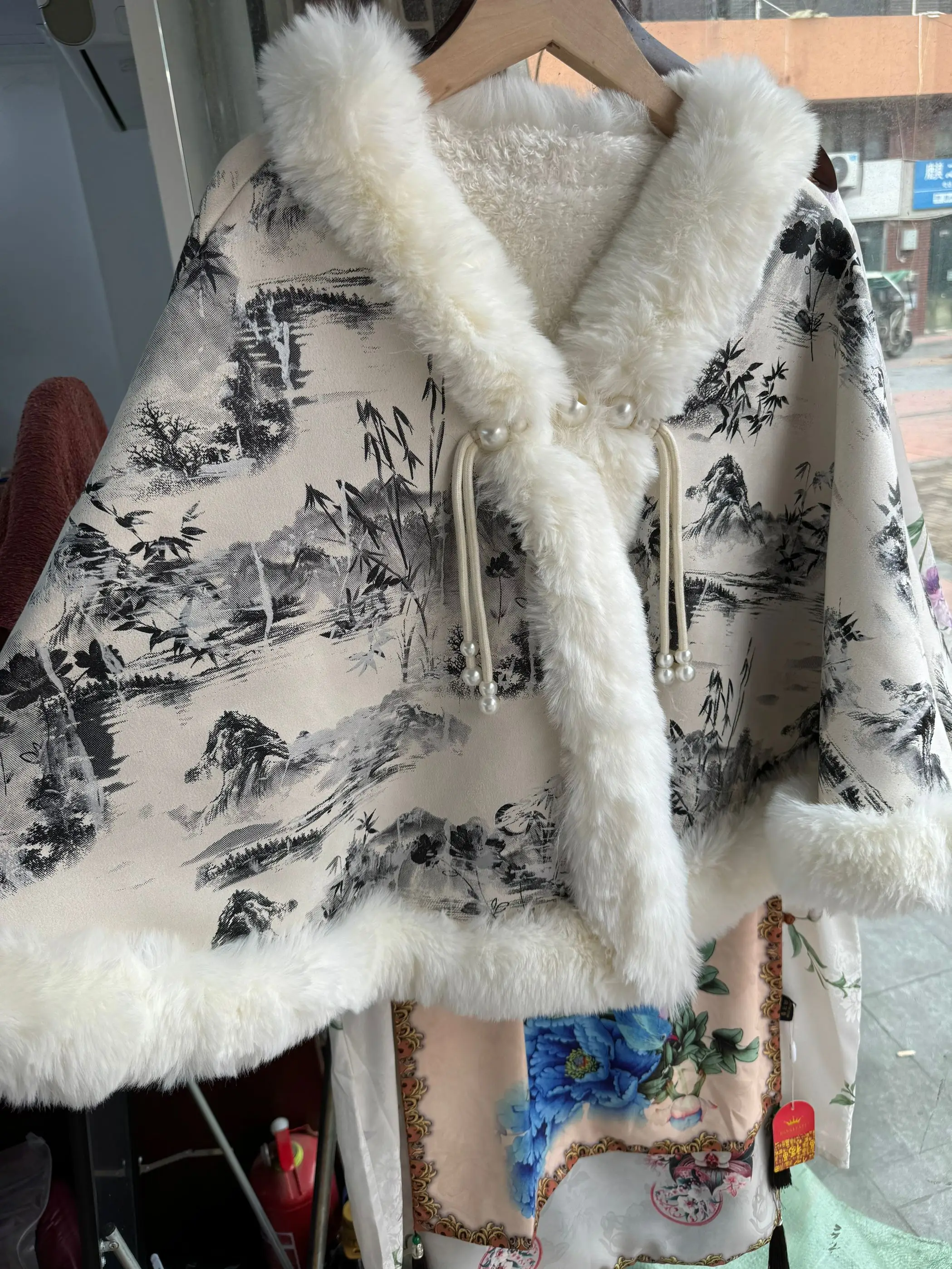 Autumn Winter Printed Ink wash Painting Poncho Women Coat Faux Rabbit Fur Neck Chinese Knotting Cardigan Cape Loose Shawl