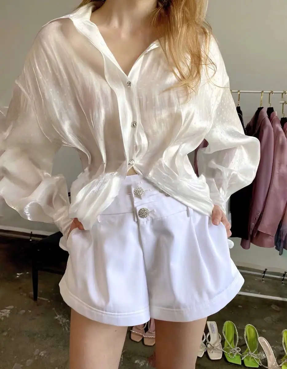 

Amor Slim Fit White Asymmetrical Crystal Button Versatile orts High Waist Straight Leg Casual Pants for Women