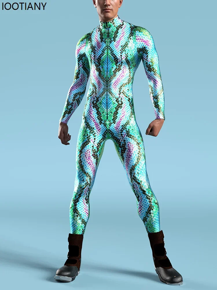 

CosplayMen Snake Skin Print Jumpsuit Halloween Animal Cosplay Zentai Suits Holiday Party Bodysuit Punk Masquerade Catsuits Rave