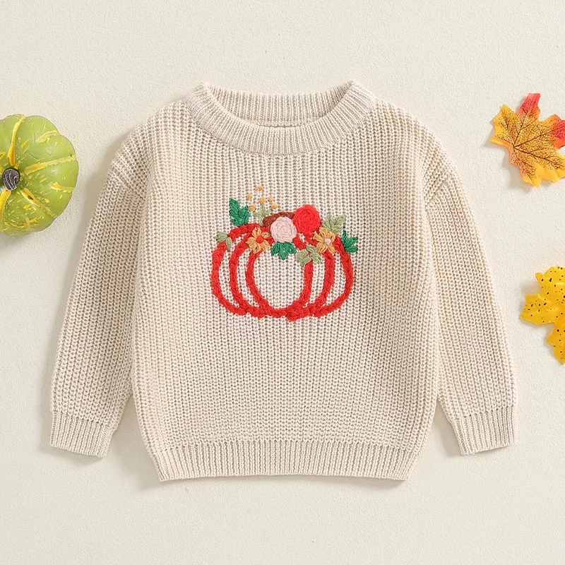 SUNSIOM Baby Halloween Sweater Long Sleeve Crew Neck Flower Pumpkin Winter Warm Knit Pullover Sweater for Infant Girls Boys