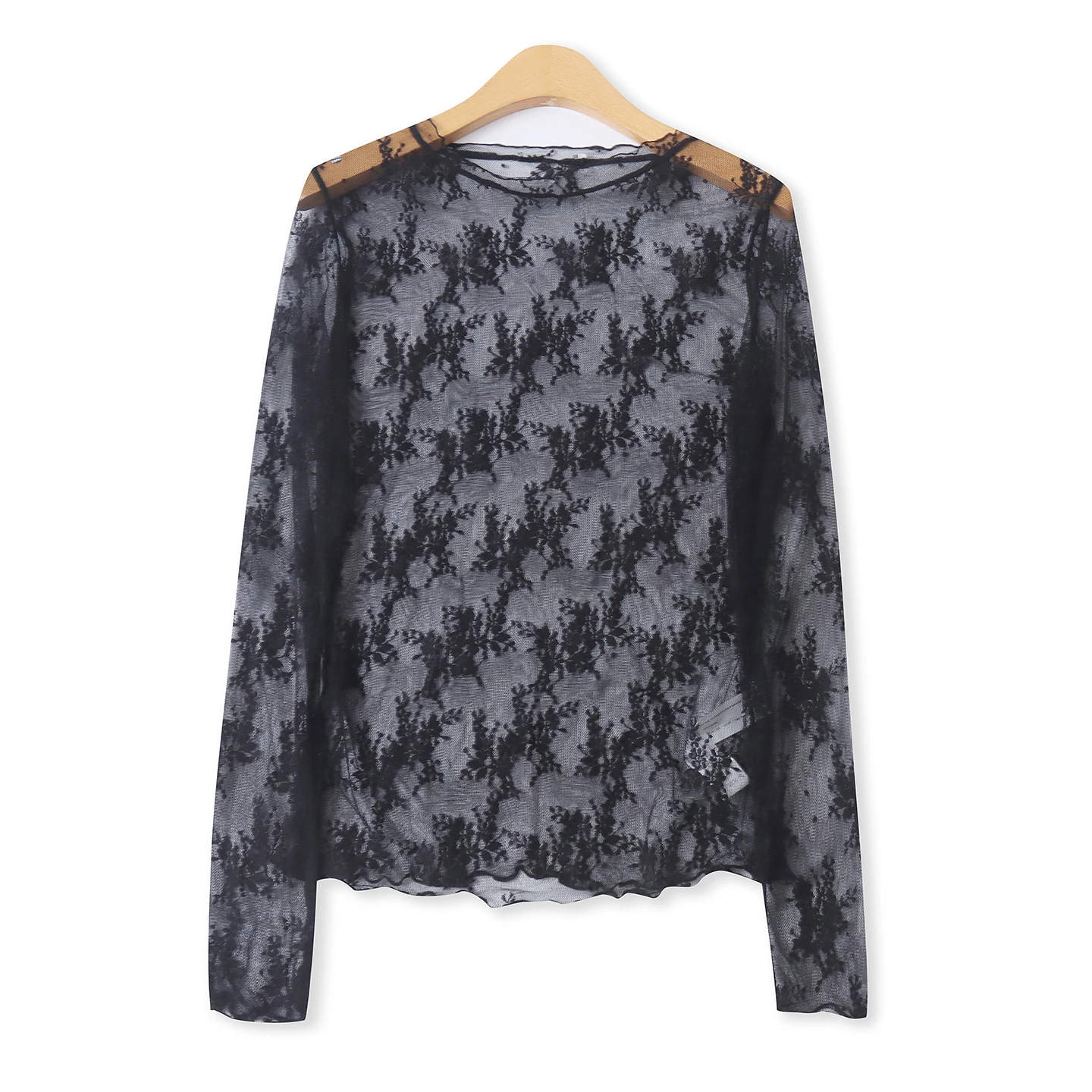 Fashionable Lace Shirt Long Sleeve Slim Fit Semi-Transparent round Neck Base Shirt Spring Summer New Style Women's All-Match
