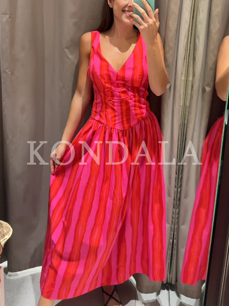 KONDALA Women Elegant Holiday Contrasting Striped Cami Dress Chic Rope Buttons V-Neck Midi Dress 2026 Summer Trendy Party Dress