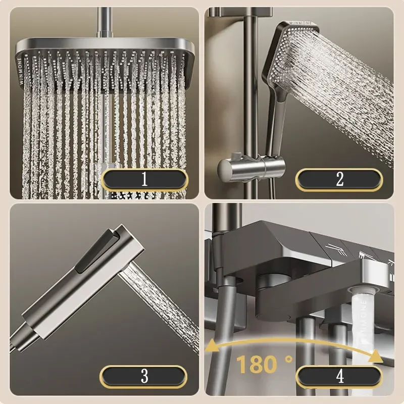 Gun Grey Bathroom Shower Faucet with Display Bathtub Hot Cold Mixer Tap Brass Rotatable Shower Set Rain 4 Mode LED Shower System