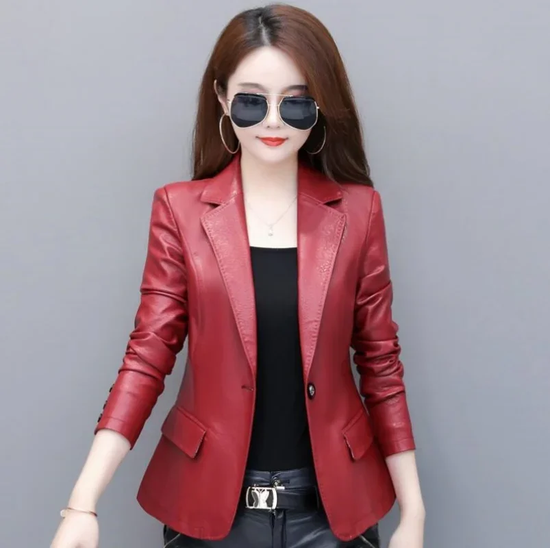 Jaqueta de couro genuíno feminina, casaco de pele de carneiro fino, jaqueta de couro real, blazer casual feminino preto e vermelho, moda coreana,