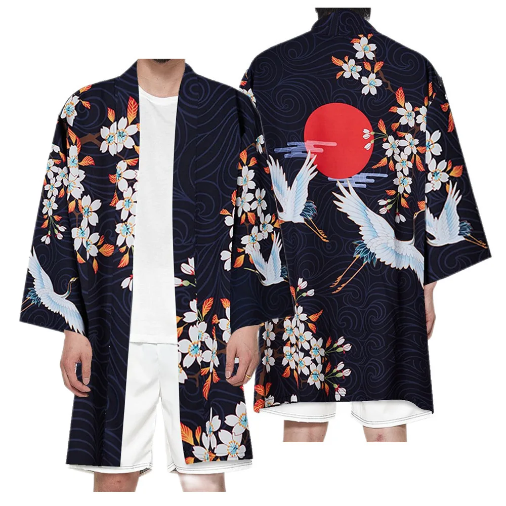 

Crane Print Loose Shirts Streetwear Coat Men Yukata Cardigan Long Kimono Japanese Traditional Casual Haori Clothing