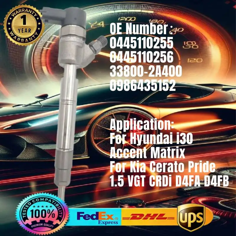 

0445110255 0445110256 33800-2A400 0986435152 Fuel Injector for Hyundai i30 Accent Matrix Kia Rio Cerato 1.5 CRDi D4FA Engine