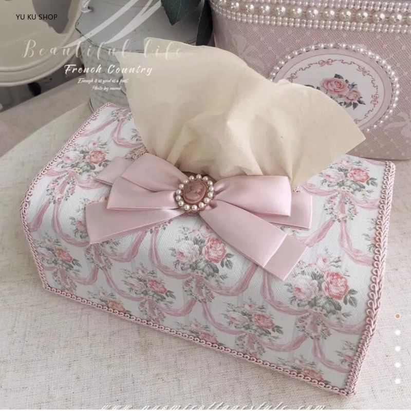 Lace Division Debris Storage Box Desktop Debris Storage Organization Portable Basket Pearl Bow Fabric Artist Home Tissue Box NEW