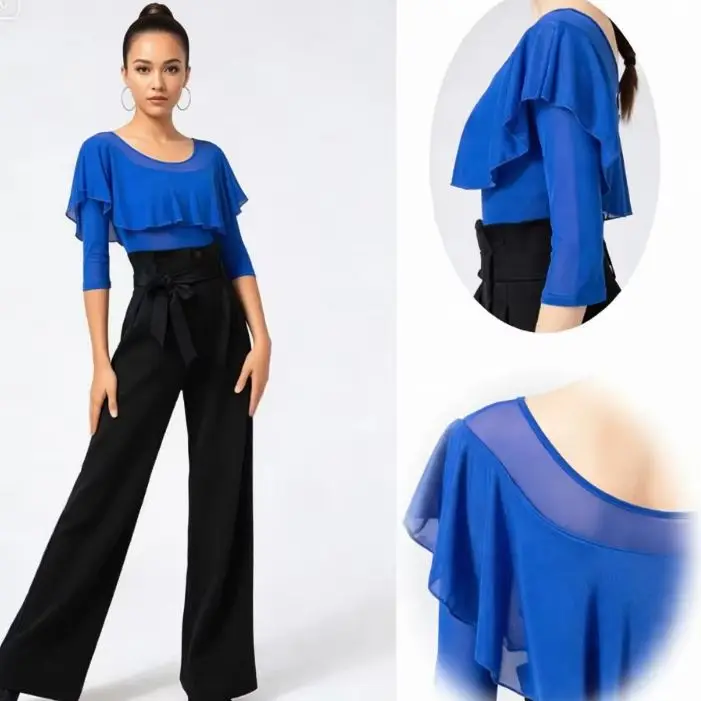 

Blue Leaf Edge Latin Dance Bodysuit, Women Ballroom Dancewear Top,Elegant Costume for Practice Performance Latin Dance Dresses