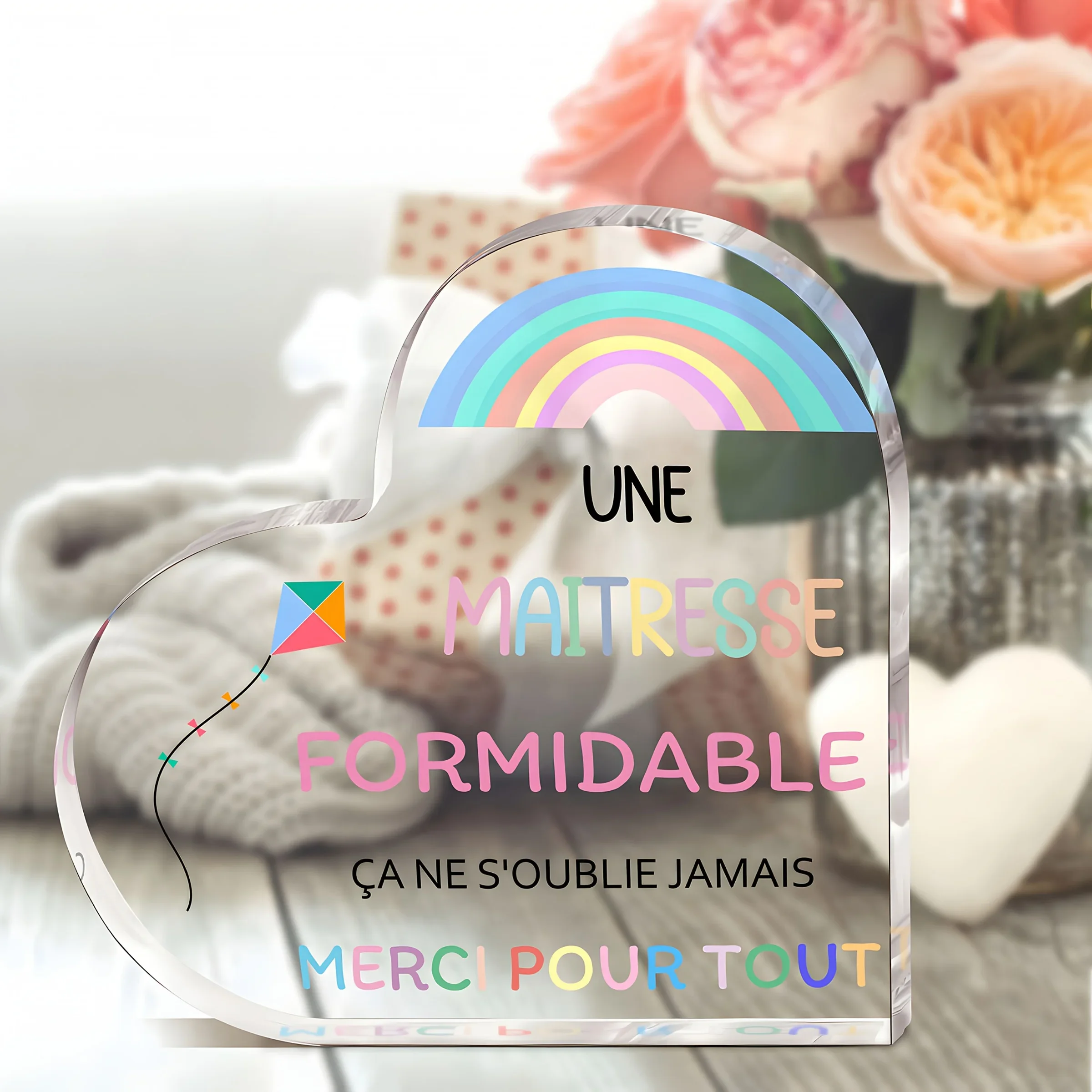 CIFBUY Acrylic Sign 2D Flat Heart Shaped Une Maitresse Formidable Teacher Appreciation Quote Plaque Sentimental Keepsake Home De