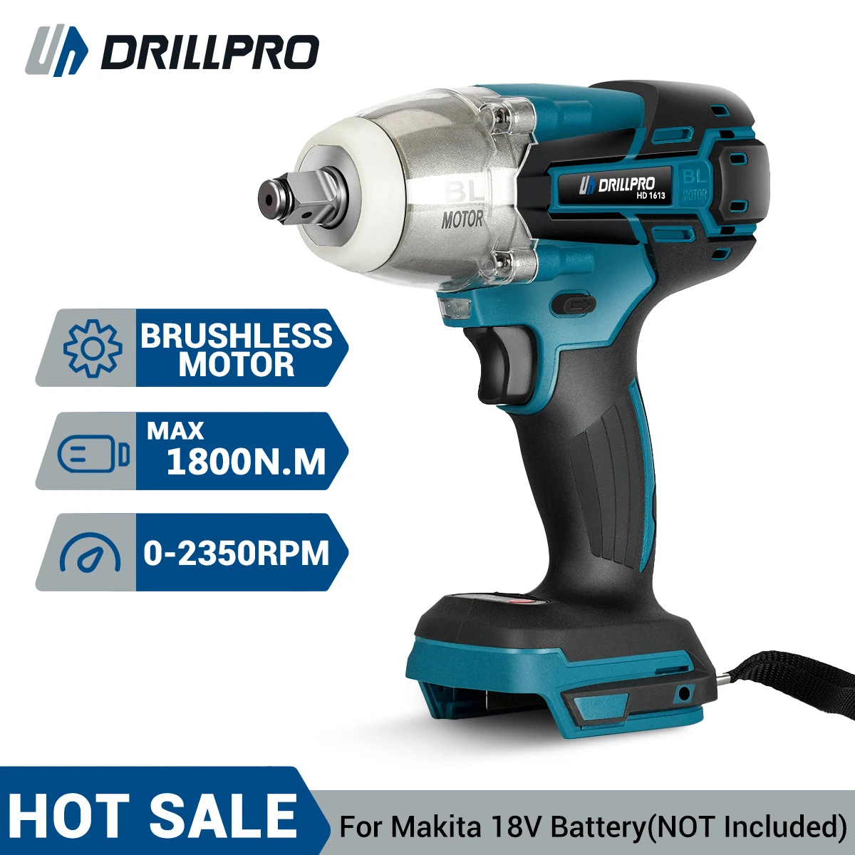 

Drillpro 3000BPM 1800N.M Torque Brushless Electric Impact Wrench 1/2" Drive Cordless Car Repair Tool For Makita 18V Battery