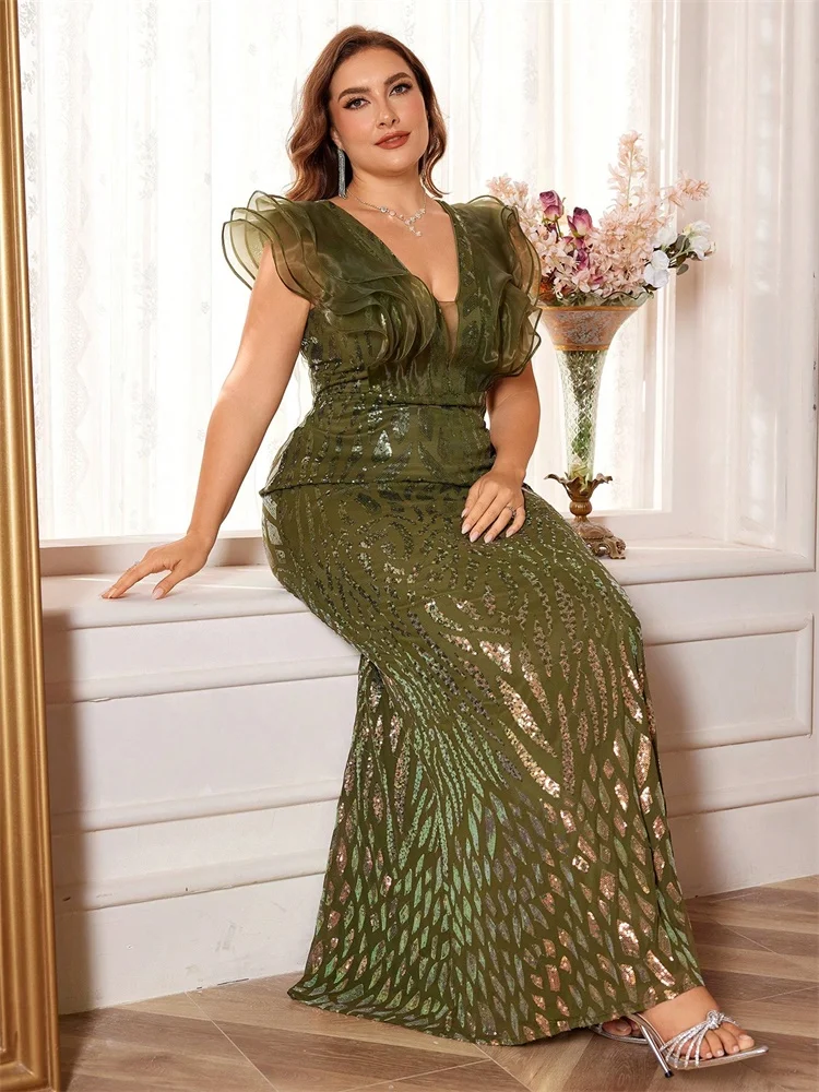 Plus Size Elegantes Gold Abendkleid für Frauen Luxus Lange Meerjungfrau Formale Pailletten Prom Hochzeit Party Cocktailkleider