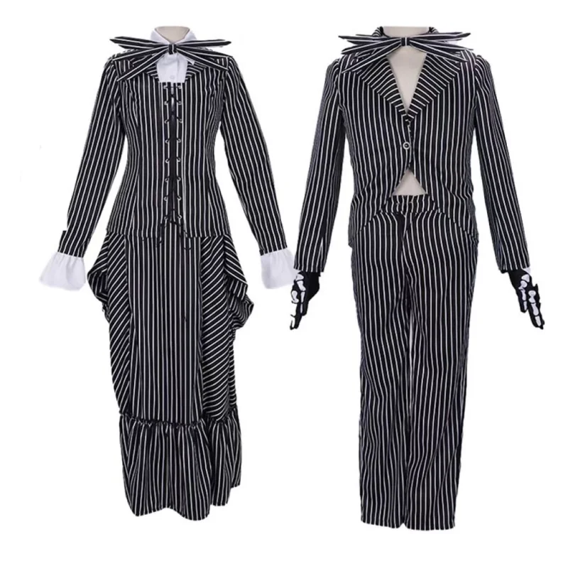 Men and Women Nightmare Before Christmas Costume Uniform Jack Skeleton Costume Halloween Christmas Cosplay Stripe Jacket Pants