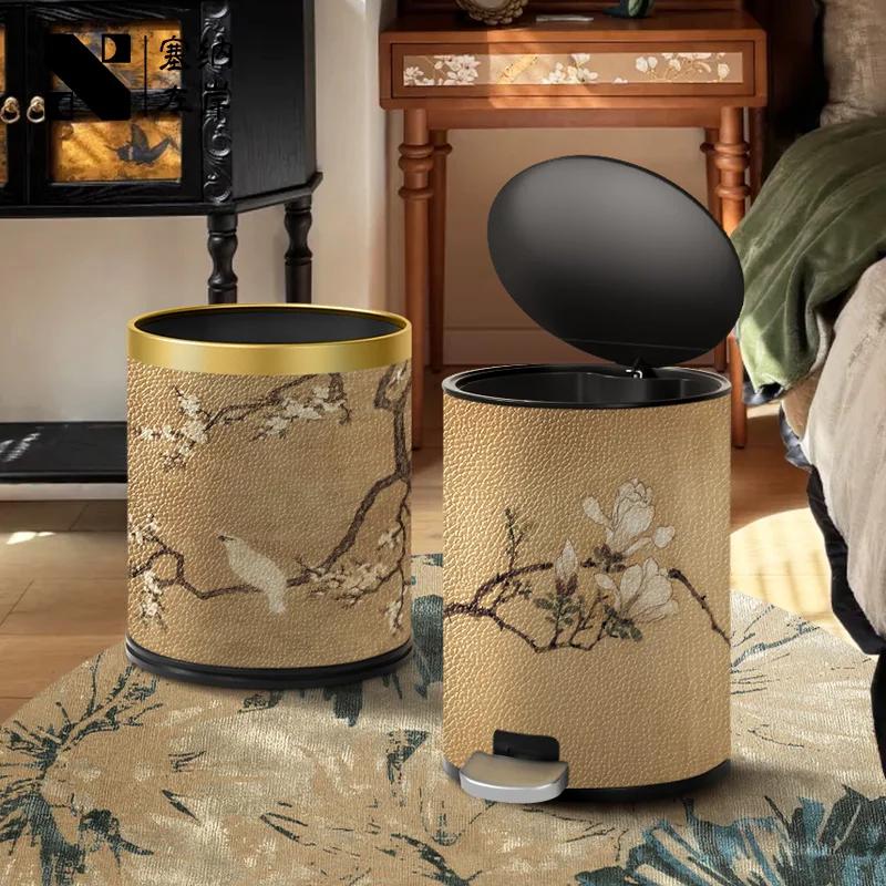 

Leather & Stainless Steel Trash Bin, Vintage Home Garbage Container, Covered Waste Basket, Foot Pedal Design for Living Room